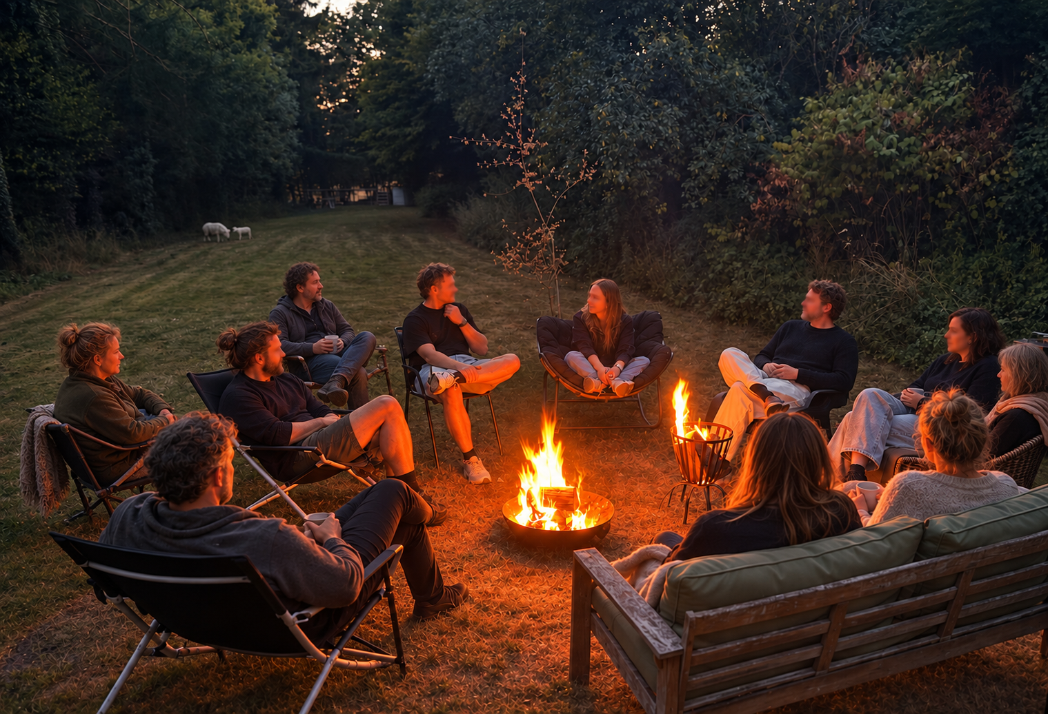 Kleine groep mensen in een kring rond het kampvuur bij valavond