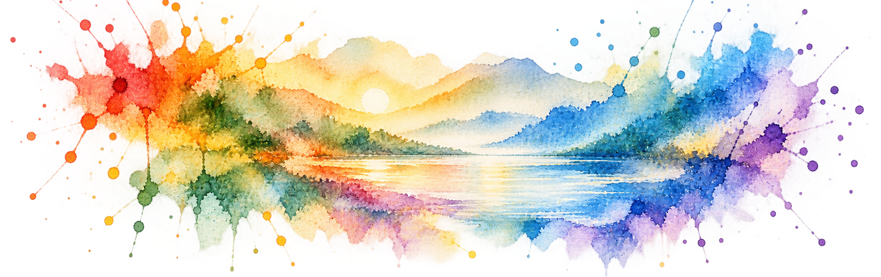 Aquarel van een landschap met bergen en een meer, waarin warme en koele kleuren in elkaar overvloeien